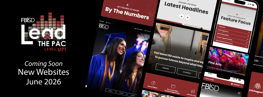 Black bg and white text with various screenshots of the all-new district website